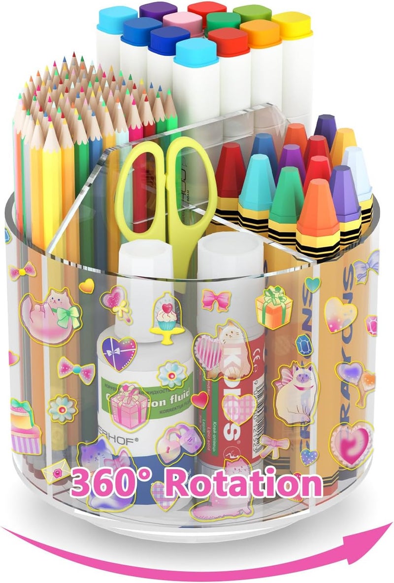 Wawocs Acrylic Pencil Organizer for Desk 4 Compartments with Adhesive DIY Sticker, Rotating Art Supply Organizer with Kawaii Sticker Kids, Spinning Round Marker Small Supply Caddy - Image 1